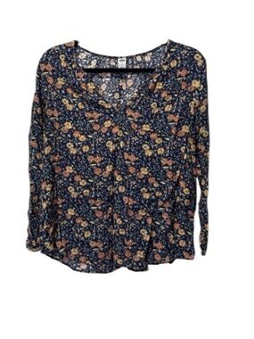 Old Navy Navy Floral V-Neck Long Sleeve Blouse